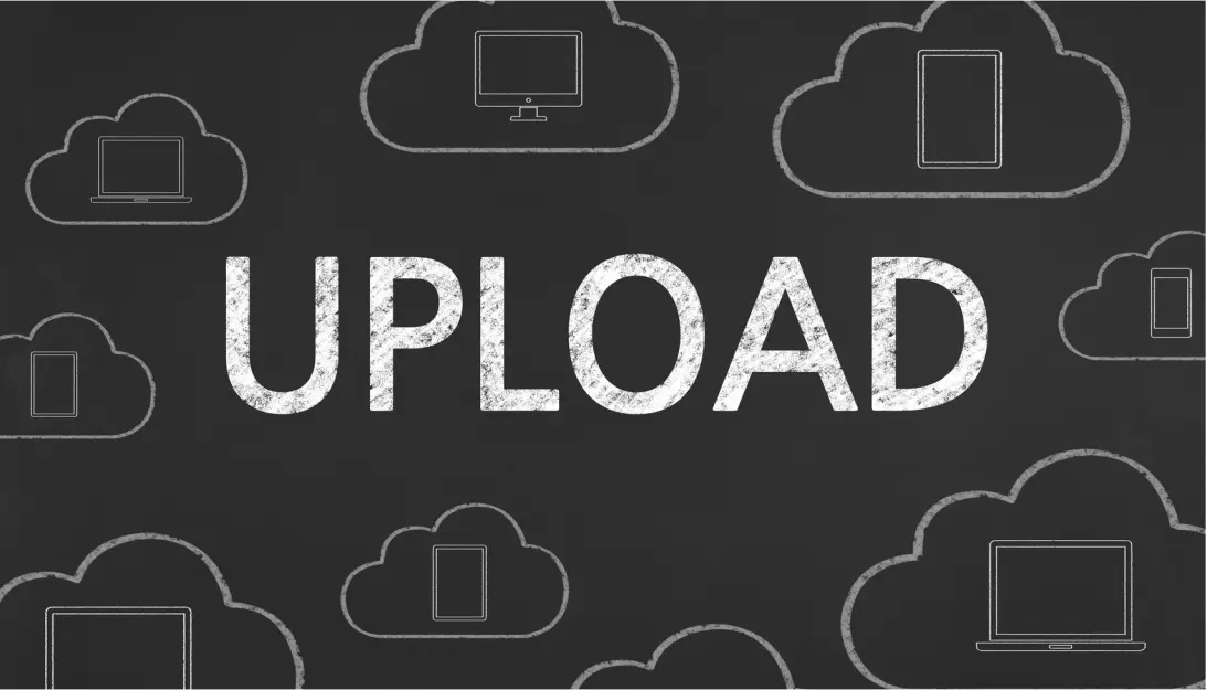 a simple display of the word upload with drawn clouds in the background that contain different devices